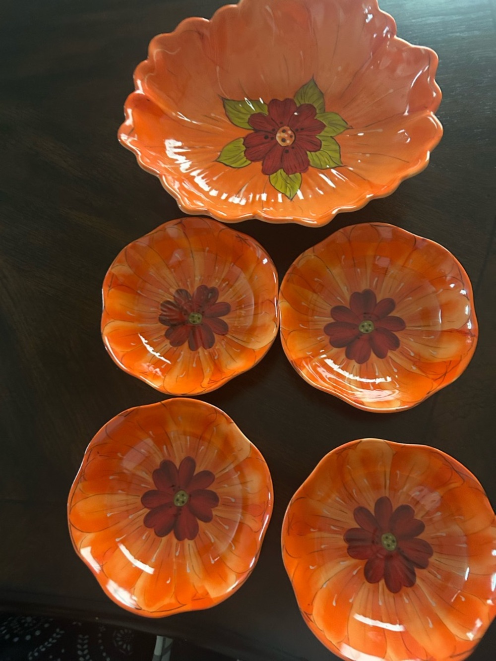 Orange Floral Melamine Serving Bowl and Small bowl Set (5 pieces)